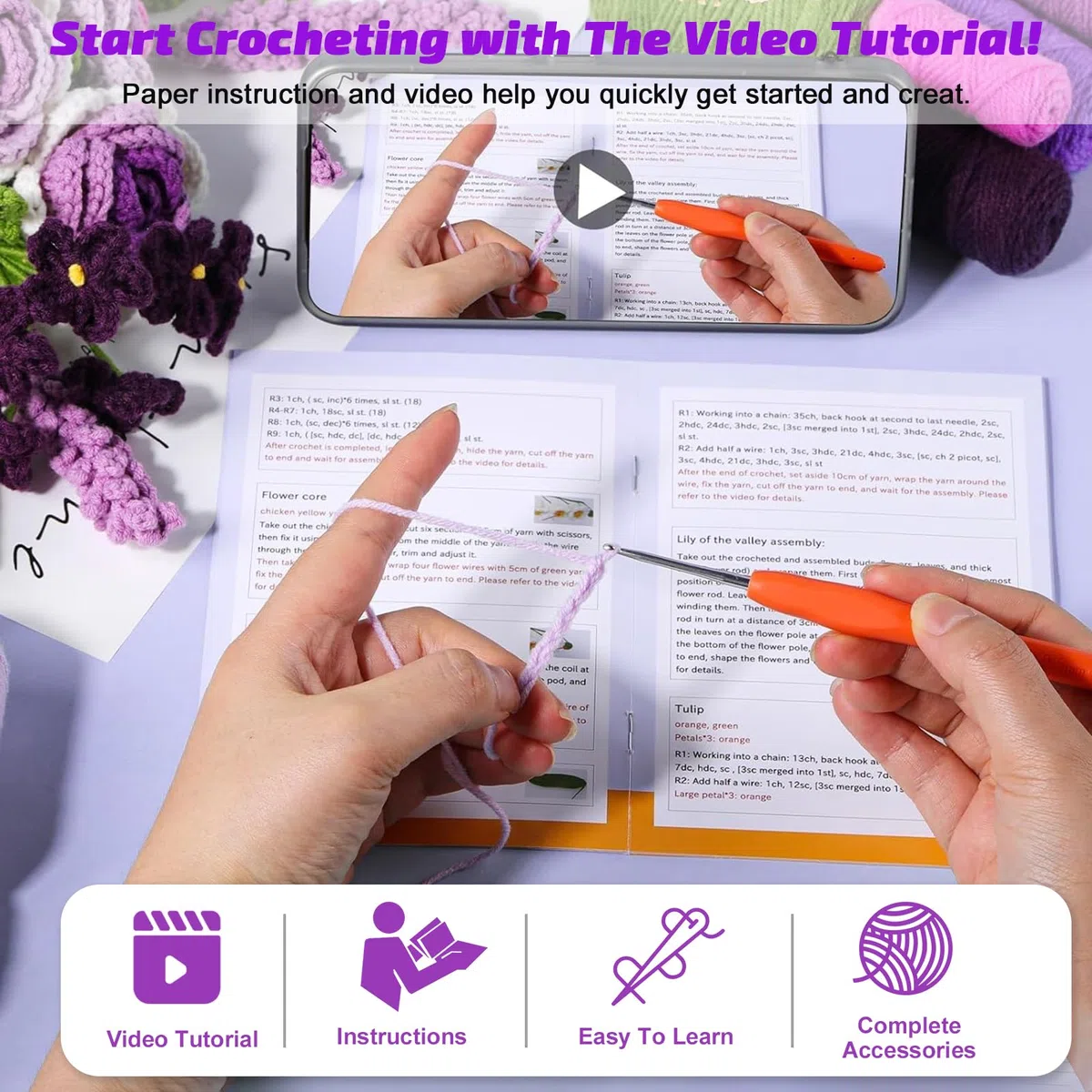 BoloShine Kit Uncinetto per Principianti, Rose e Bouquet Kit All'uncinetto Kit di Partenza con Video di Lstruzioni, Arredamento Creativo per la Casa, Regalo di Compleanno Ideale per Mamma e Sorelle