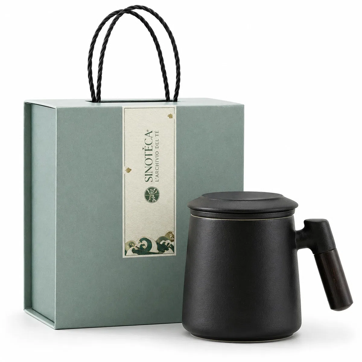 SINOTE'CA Tazza da Tè con Infusore e Coperchio 400ml, Set Regalo in Ceramica con Manico in Legno e Sottobicchiere, Tazza Tisana con Infusore Fine per Tè Sfuso, Confezione Regalo Elegante(Nero)