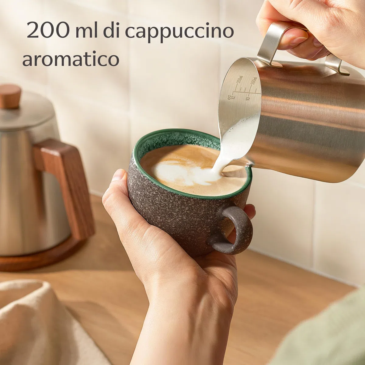 Cosumy Set di 4 Tazze per Cappuccino in Ceramica con Piattini - 200ml - Gres Spesso con Smalto Reattivo Artigianale – Mantiene il Calore a Lungo (Colorato)