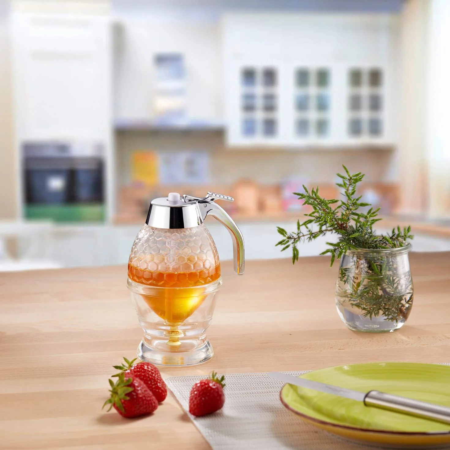 Westmark Contenitore per miele/Dispenser con supporto, Capacità: 200 ml, Vetro/Plastica, Deluxe, Trasparente/Argento, 65132260