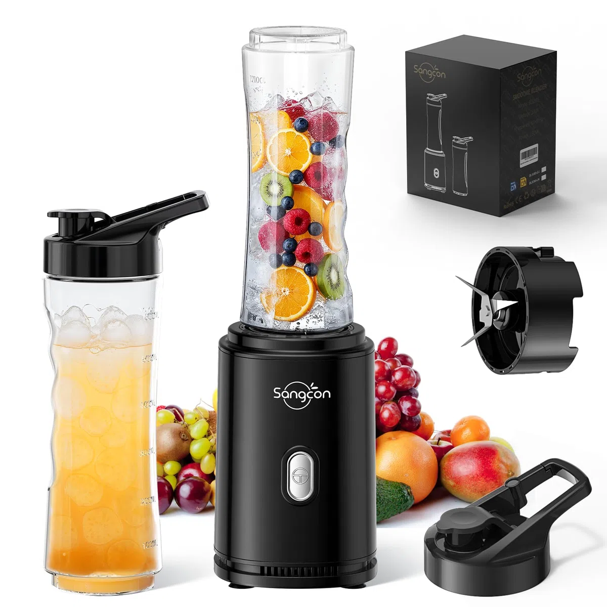 Sangcon Mixer Smoothie Maker, frullatore sportivo elettrico portatile per frullati e frullati con 2 bottiglie in Tritan To Go da 600 ml senza BPA 2 tappi per bere coltello a 4 lame, pulsante a impulsi