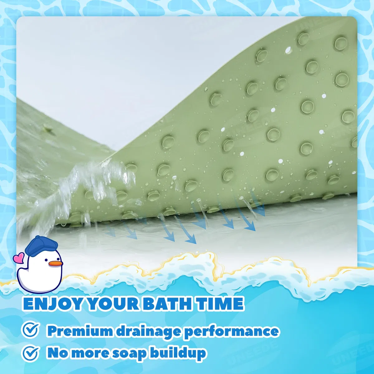 UNEEDE Tappetino da bagno antiscivolo per bambini, a forma di rana, 76 x 45 cm, tappetino da bagno in gomma per neonati e bambini, con forti ventose, lavabile in lavatrice