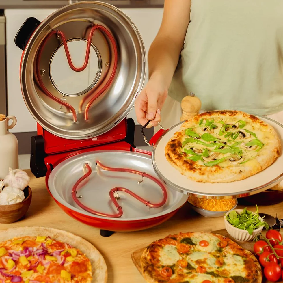 Cecotec Forno grill elettrico per pizza Fun Pizza&Co Mamma Mía Vista, 1200 W, Timer 15 min, Temperatura massima di 420ºC in 3 min, Finestra di visualizzazione, Piastra in pietra, Rosso