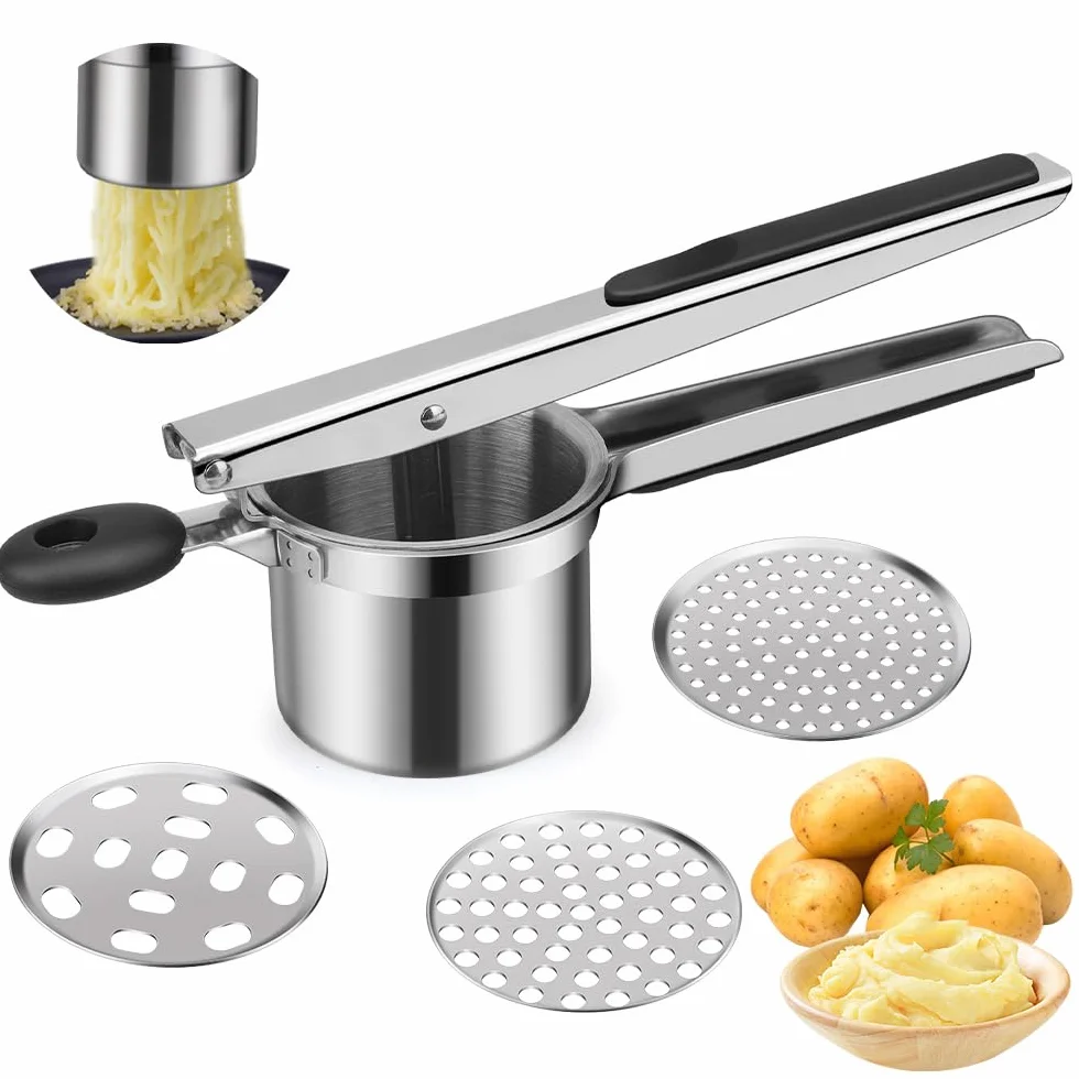 Schiacciapatate acciaio inox, adatto per purè di patate, purè di verdure, dotato di 3 filtri, design ergonomico e impugnatura in plastica