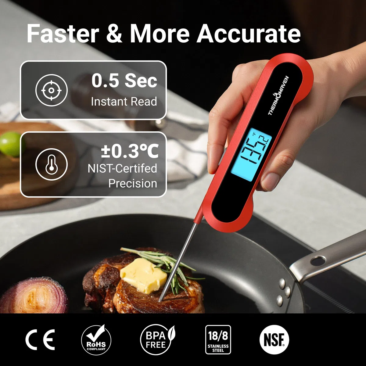 ThermoMaven F1 - Termometro digitale professionale per carne, visualizzazione istantanea 0,5 s, precisione ±0,3 °C, certificato NIST & NSF, impermeabile IP67, sonda girevole a 180°, termometro per