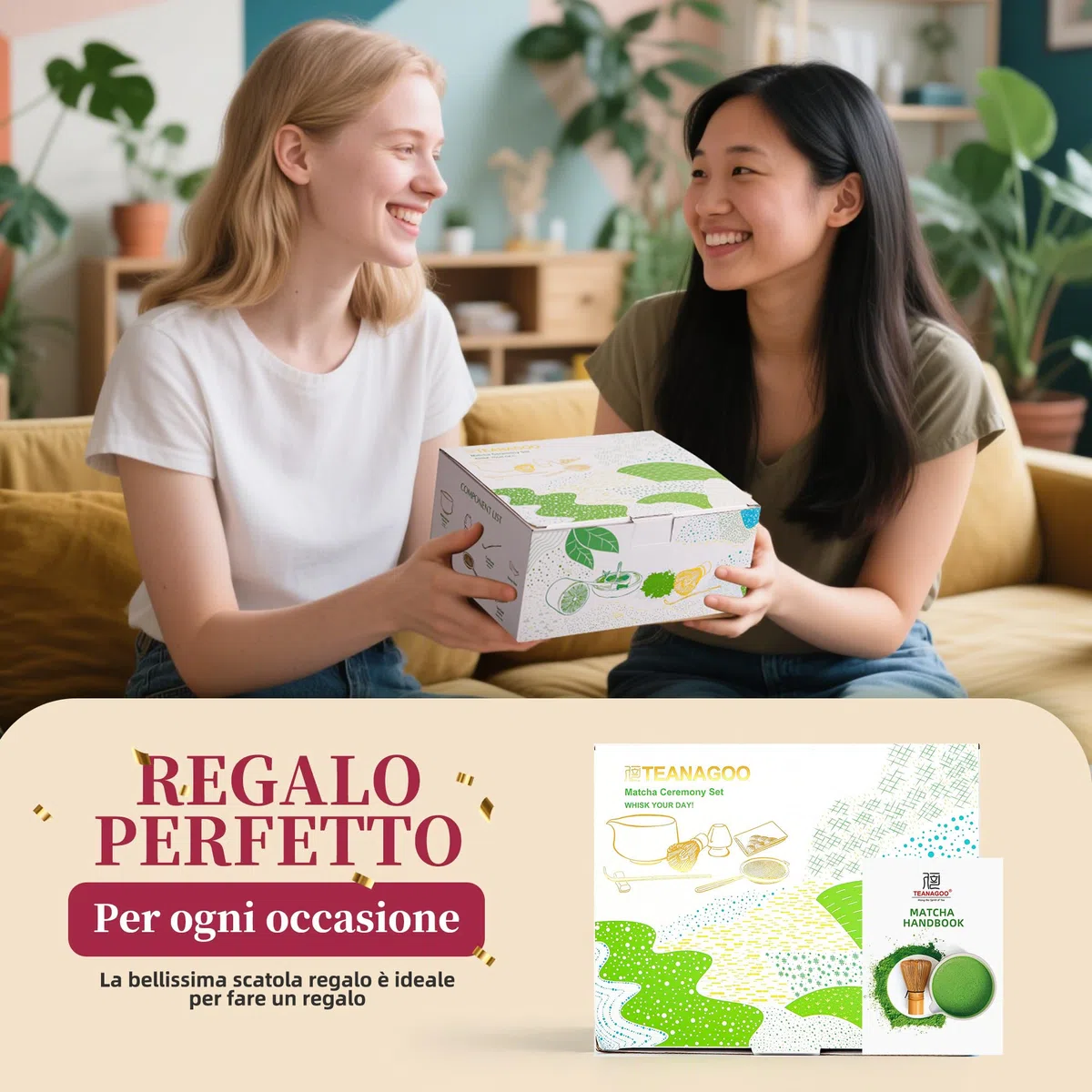 TEANAGOO MATCHA KIT, Matcha Set rosa, Matcha Cerimoniale, set per preparare il latte al tè matcha, set con frusta e ciotola con cucchiaio e setaccio, ciotola in ceramica con design Fuji,