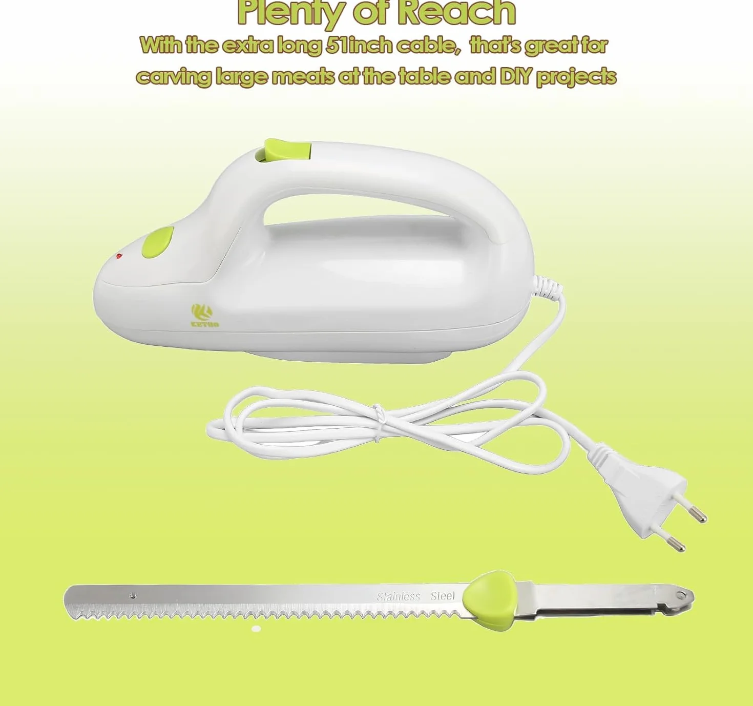 Zerodis - Coltello elettrico dentato per carne, portatile, ideale per pane, carne congelata, prosciutto, pomodori e tacchino, manico ergonomico, leggero e facile da pulire