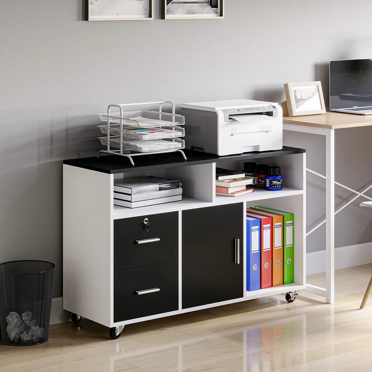 HOMCOM Mobile Porta Stampante a Rotelle con 2 Cassetti Chiudibile a Chiave, 3 Ripiani e Armadietto, Mobile Stampante per Documenti da Ufficio e Studio, 100x35x65 cm, Nero e Bianco