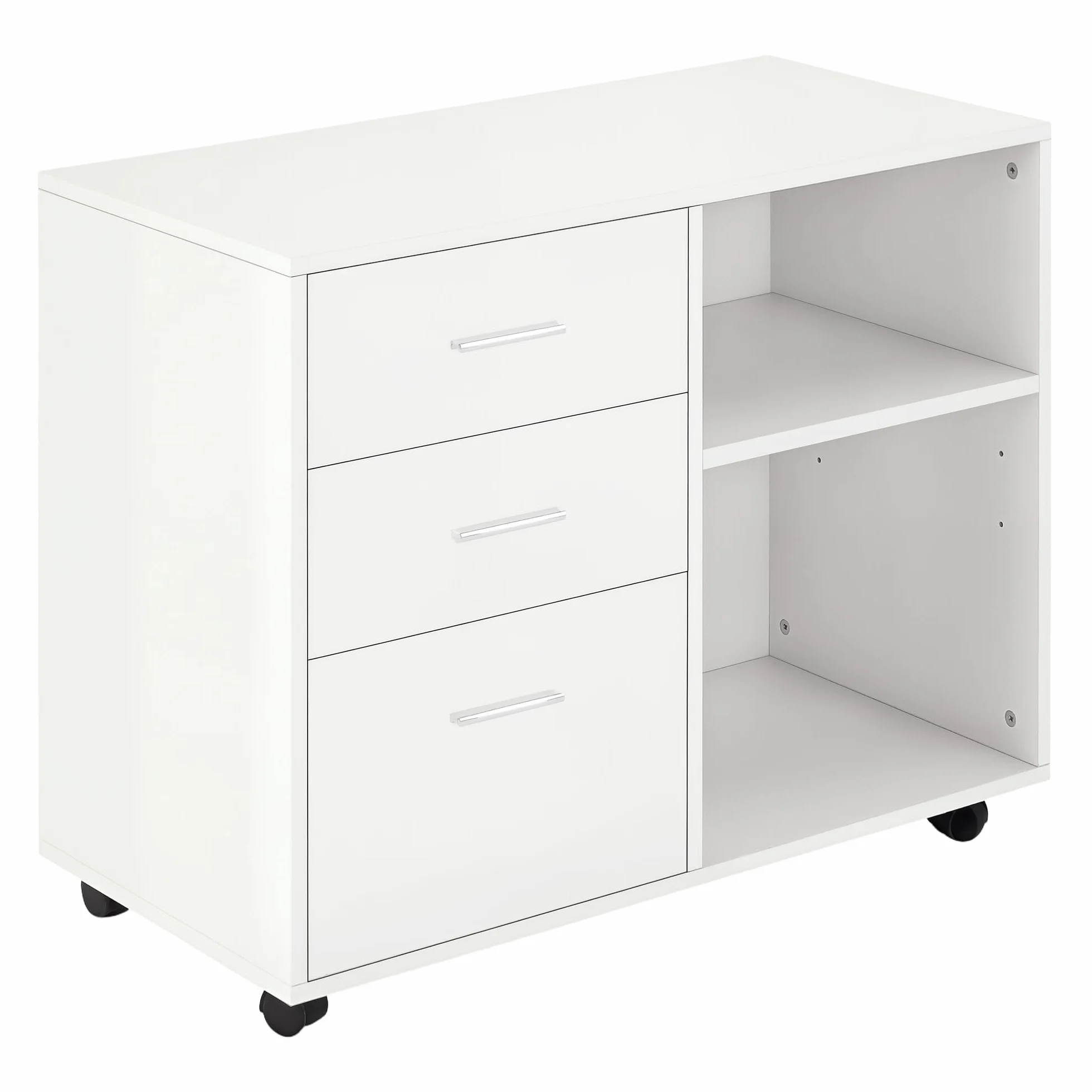 HOMCOM Mobile Porta Stampante con 3 Cassetti in Legno, Mobile Ufficio Multiuso con 4 Ruote e Ripiani Aperti, 80x40x65cm, Bianco