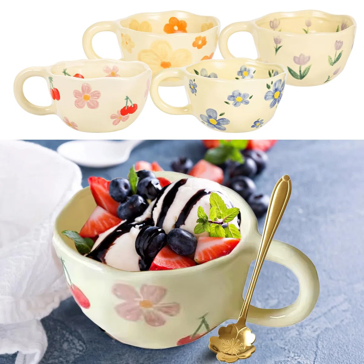 PORFOYO Set di 4 tazze in ceramica: 4 pezzi di tazza da tè in ceramica fatta a mano con fiore, tazza da caffè creativa estetica regalo di latte, tazze irregolari per la casa e l'ufficio (stampato)