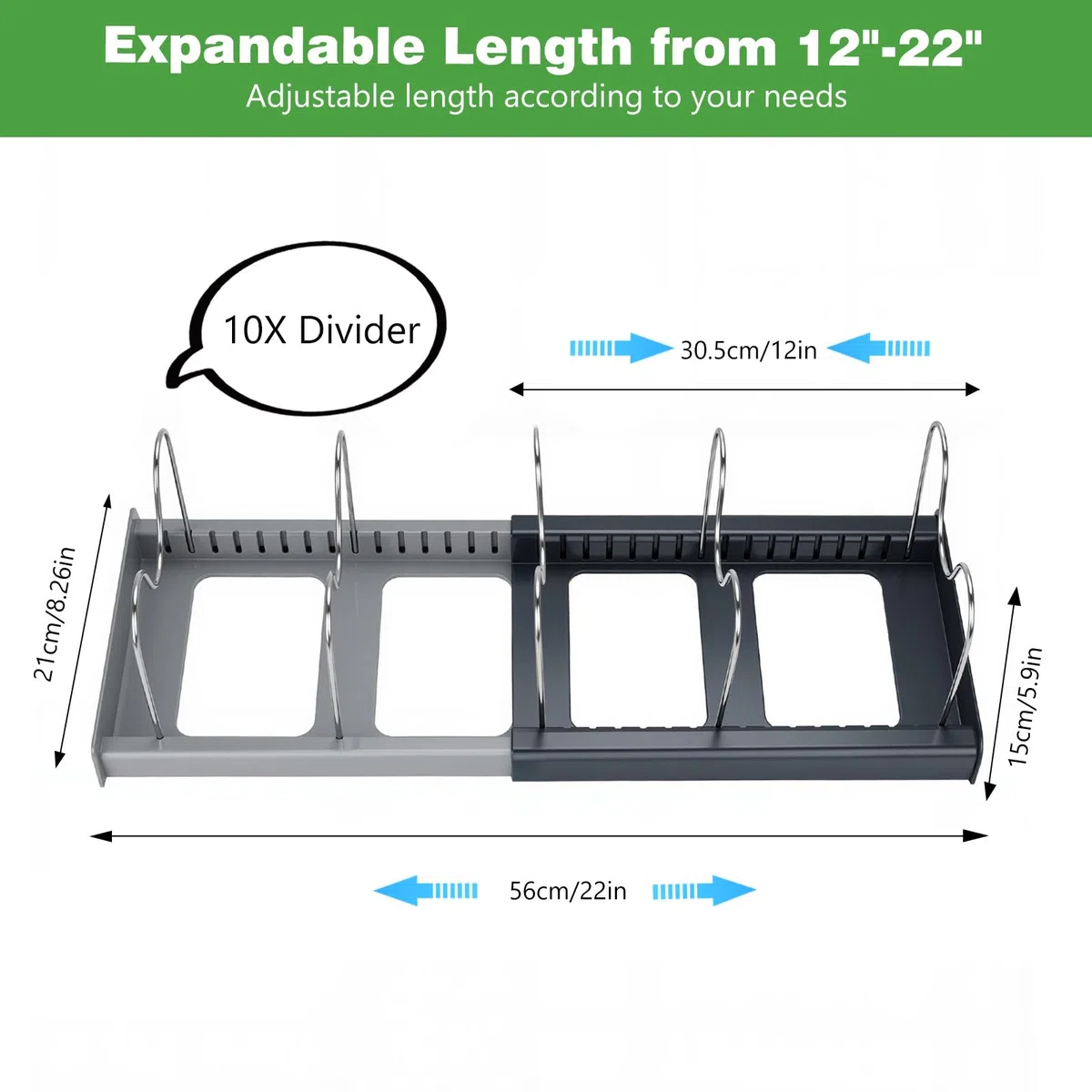 Porta Coperchi Pentole, Organizer Padelle, con 10 Scomparti Regolabili, Stendibile, Allungabile, Antiscivolo, ABS + Acciaio Inossidabile Spesso, per utensili da Cucina, Pentole, Coperchi