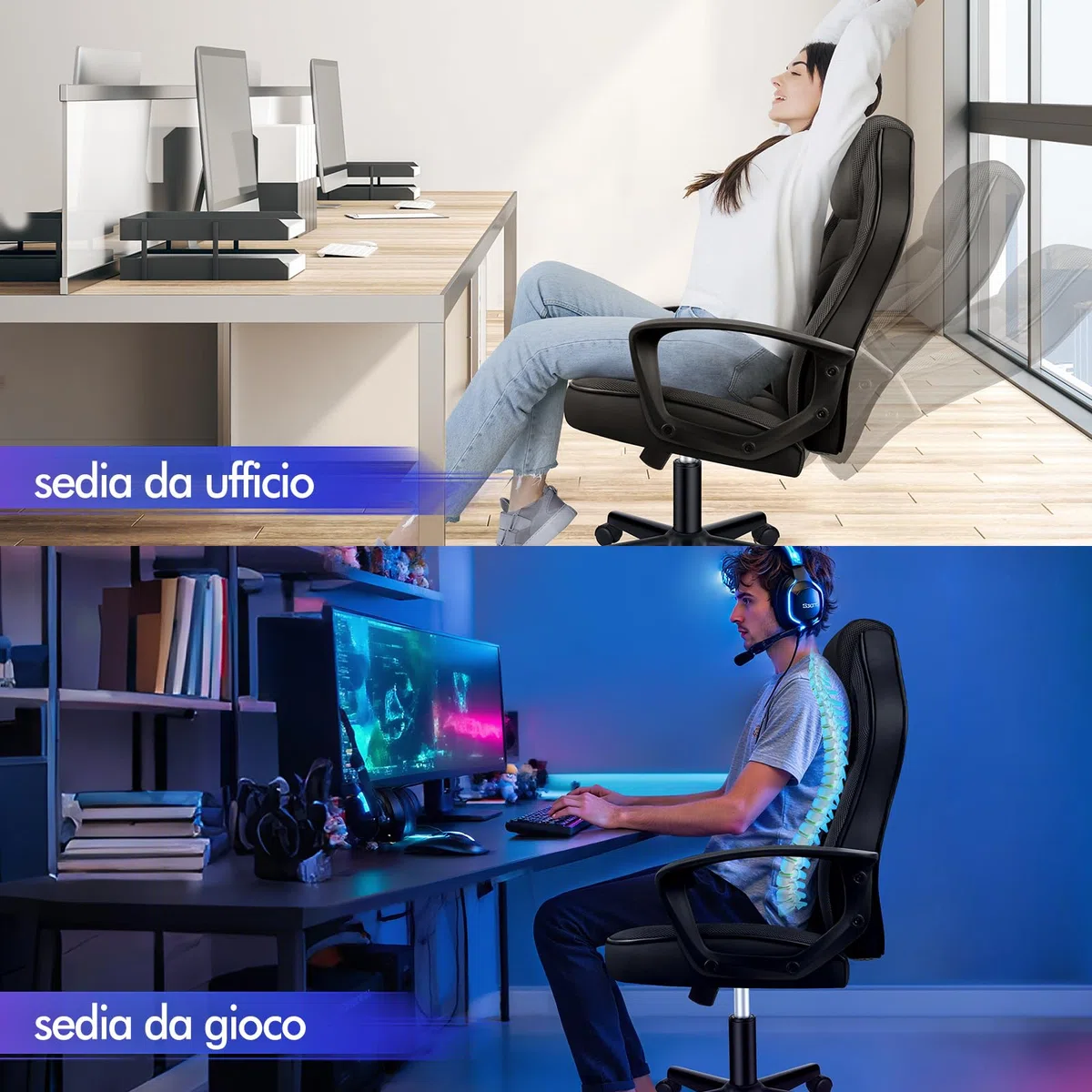 ALFORDSON Racing Sedia Ufficio Ergonomica con Ruote, Sedia Gaming in Similpelle e Rete Traspirante, Funzione di inclinazione, Altezza Regolabile, Poltrona Gamer per Computer Supporta 150 kg(Nera)
