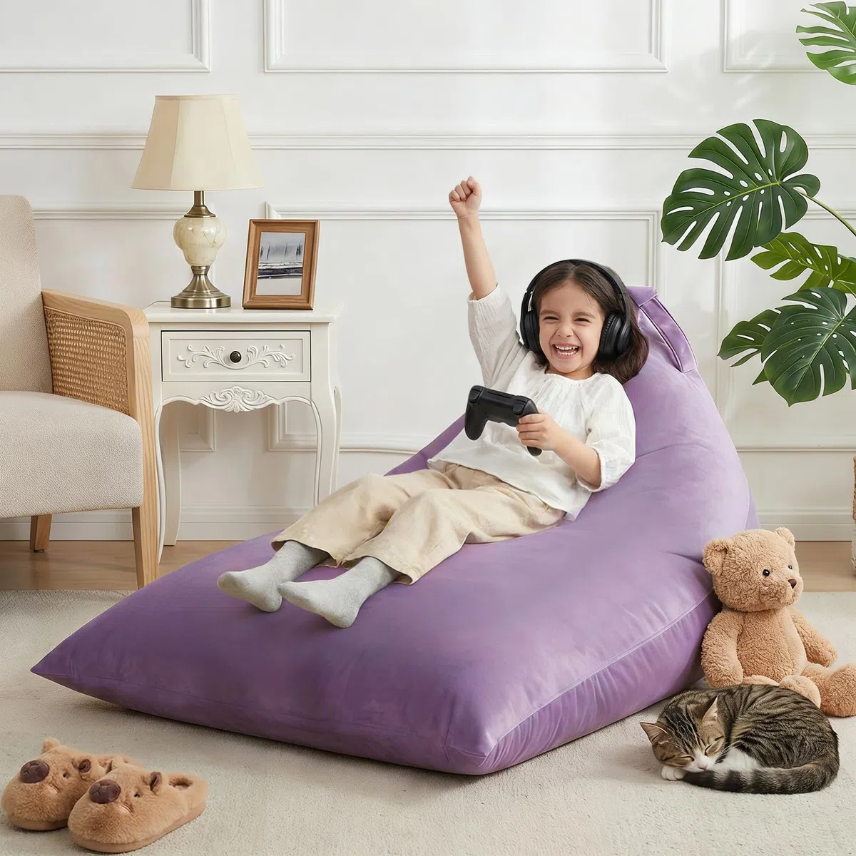 Fodera per poltrona sacco (senza imbottitura), per adulti e ragazzi, copertura in velluto spesso, 400 l (doppia viola, grande)