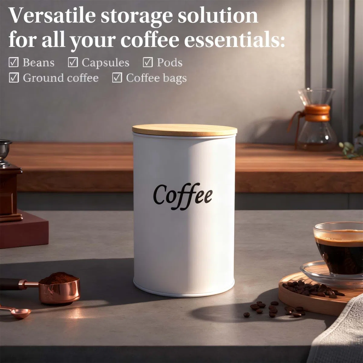 Set da 2 barattoli per caffè ermetici (Nero & Bianco), 1000 ml con coperchio in bambù – contenitori per chicchi di caffè, caffè macinato, capsule e cialde – ideale per cucina, coppie e amanti del cafè