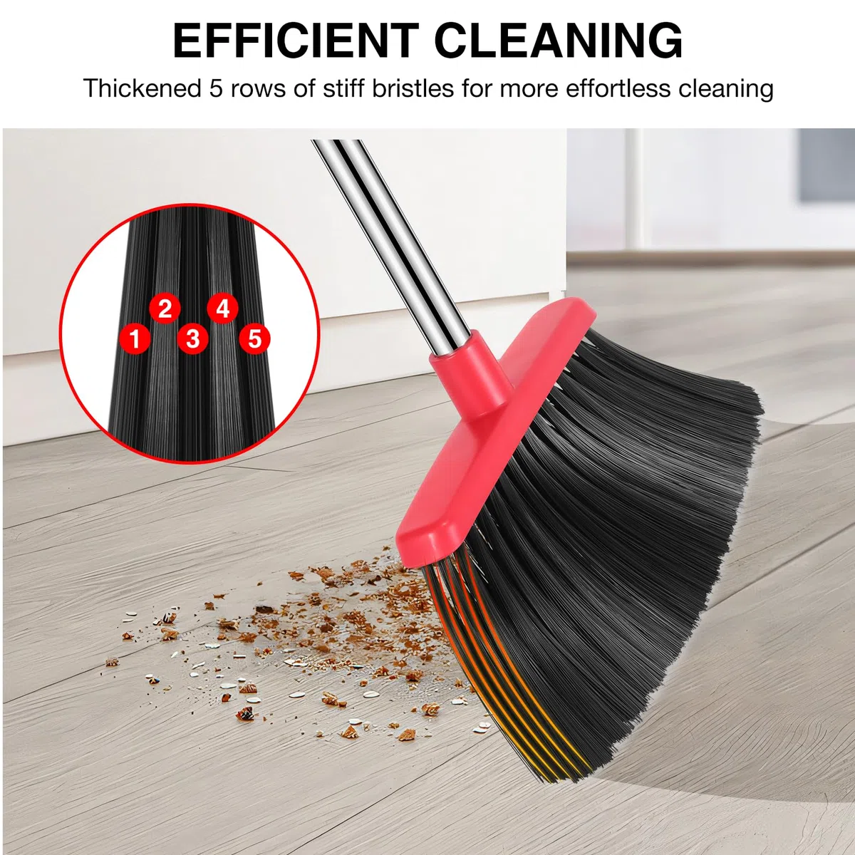 NACENA Set di scopa e paletta, manico regolabile lungo 132 cm, con denti per pulire automaticamente i capelli, adatto per casa, cucina, ufficio, corridoio, pavimento (nero e rosso)