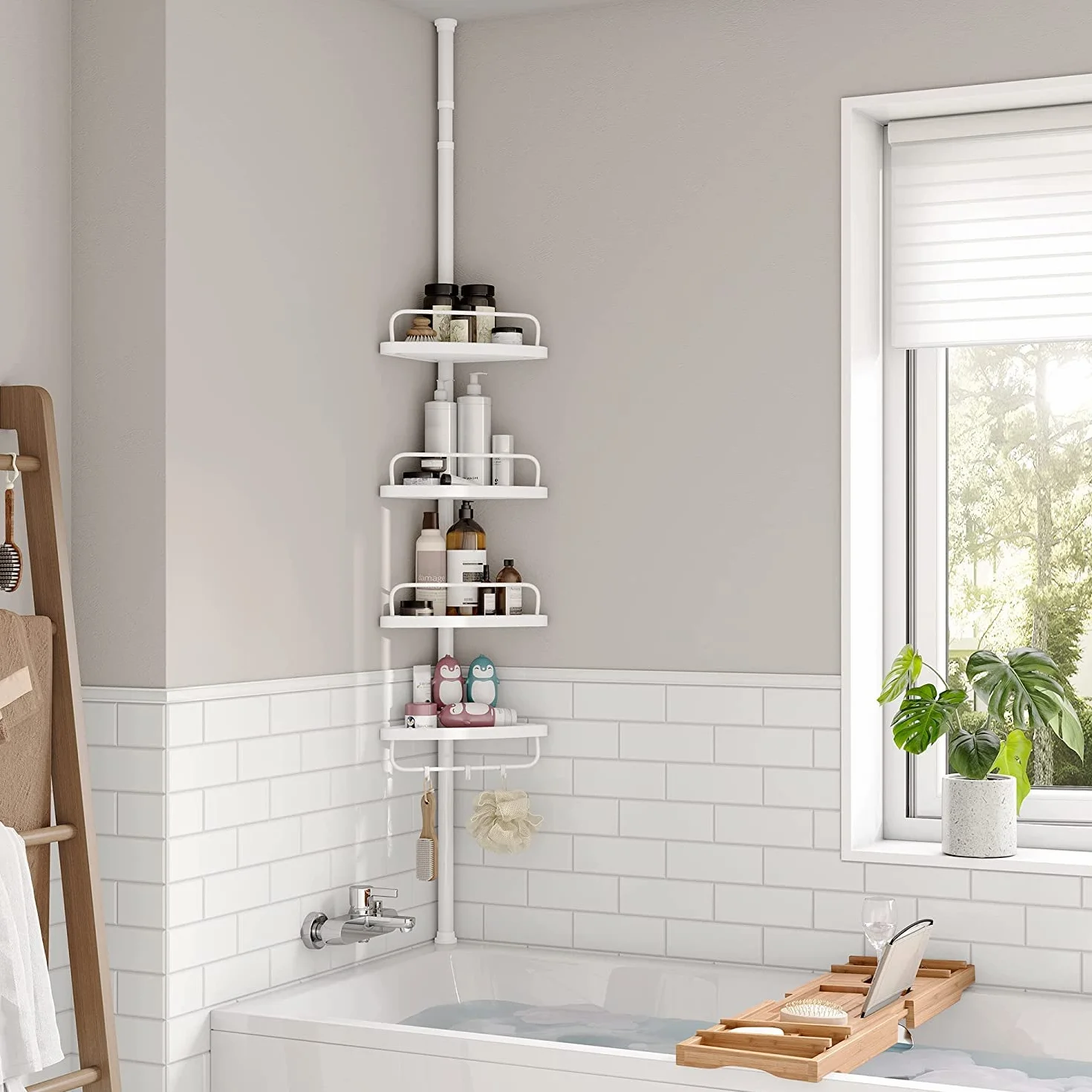 SONGMICS Mensola Doccia Telescopica e Regolabile, 4 Ripiani, Scaffale Angolare Bagno, Altezza 85-305 cm, Bianco BCB001A
