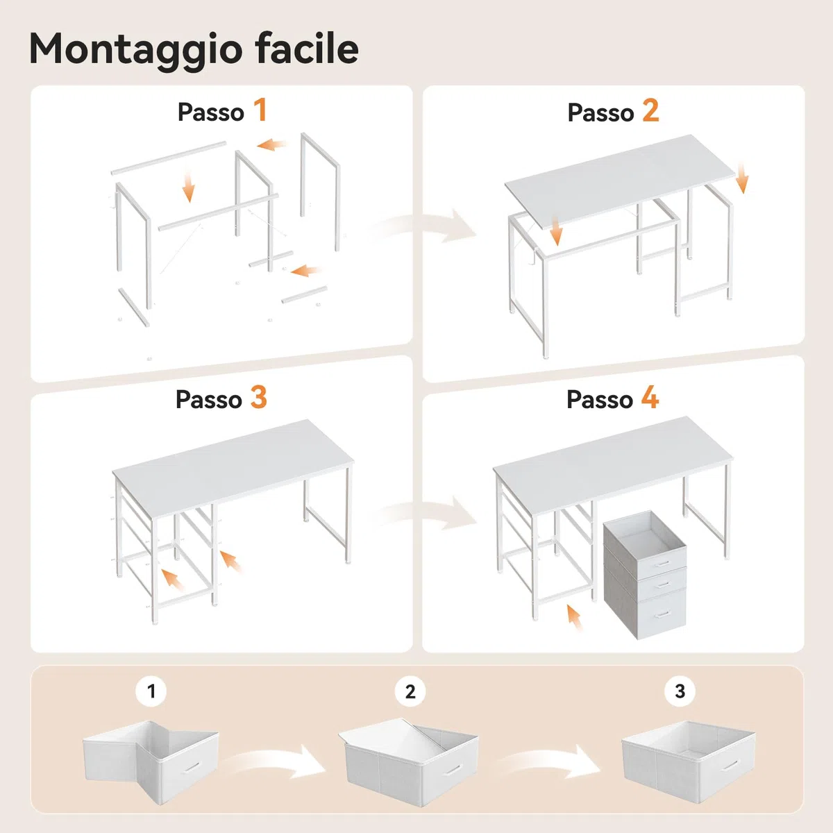 Coleshome Scrivania con 3 Cassetti in Tessuto, 120x48cm Scrivania Salvaspazio con Portacuffie, Bianco Scrivania Computer Reversibile per Piccolo Ufficio in Casa
