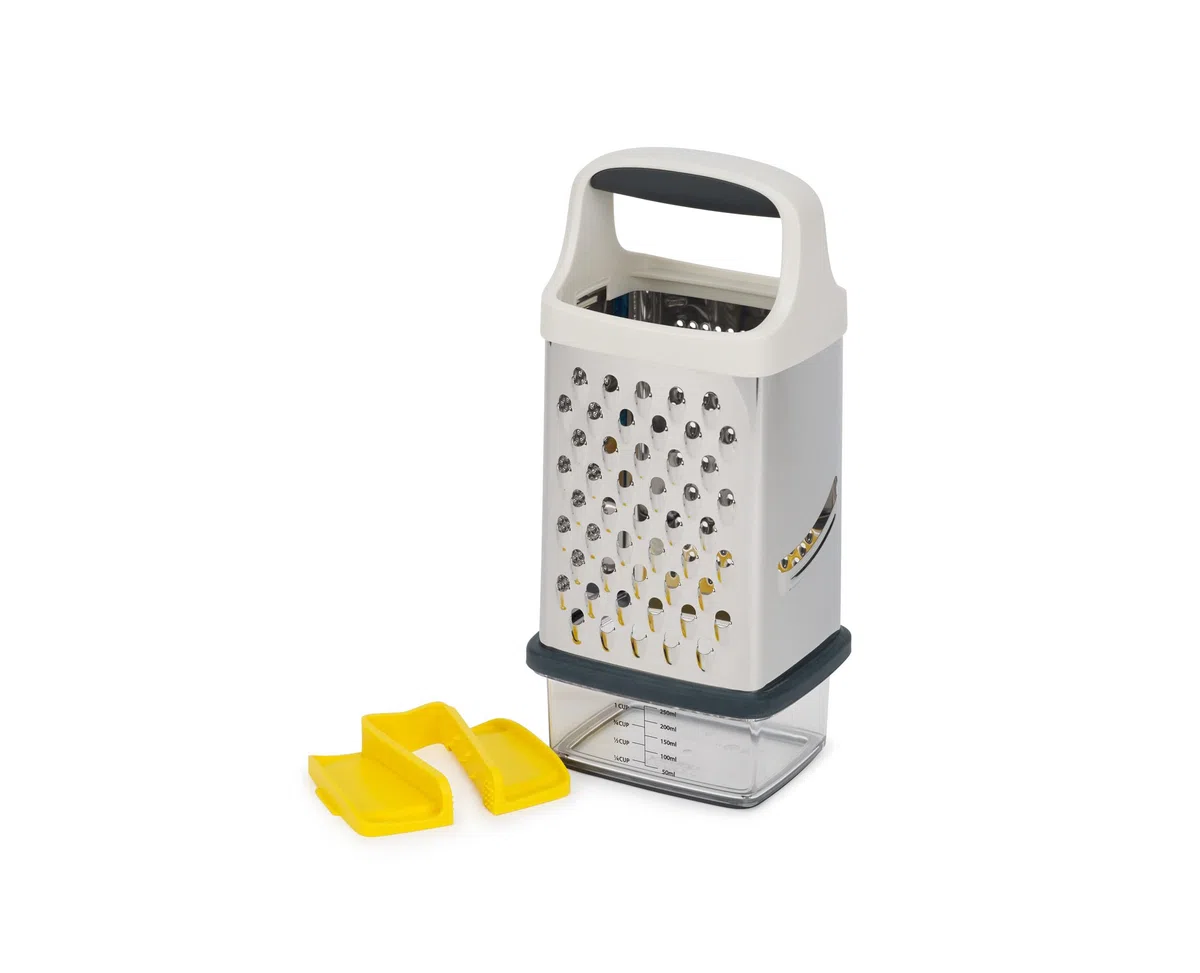 Joseph Joseph Multi-Grip Grattugia Mandolina per Alimenti a 4 lati Acciaio Inox, con Scatola Contenitore, Impugnatura di Precisione Salvadita, Base Antiscivolo, Lavabile in Lavastoviglie