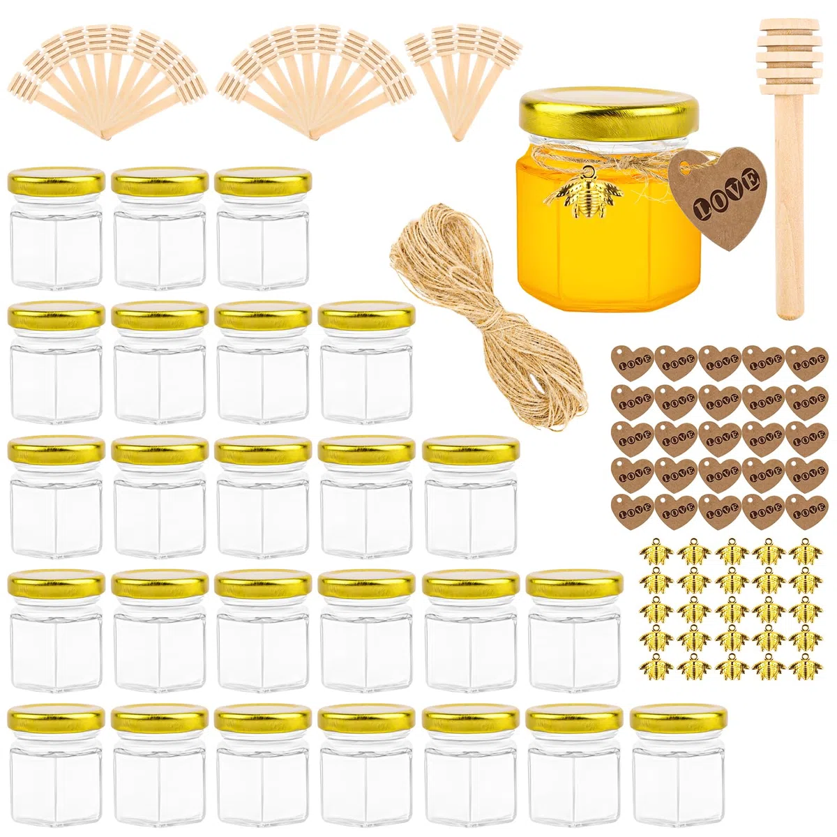 VFANDV Mini Vasetti per Miele Esagonali in Vetro, 25 Pezzi 45ml Piccoli Barattoli per Miele con Dippers di Legno, Ciondoli di Api, Biglietti di Ringraziamento