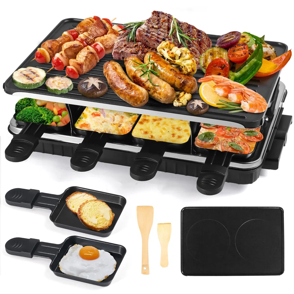 Raclette 8 Persone- 2 in 1 Raclette Grill con 8 Mini Raclette Padelle 8 Spatole in Legno Crepes Griglia Elettrica Barbecue Raclette Formaggio Party Grill 2 6 8 Persone - 1300 W