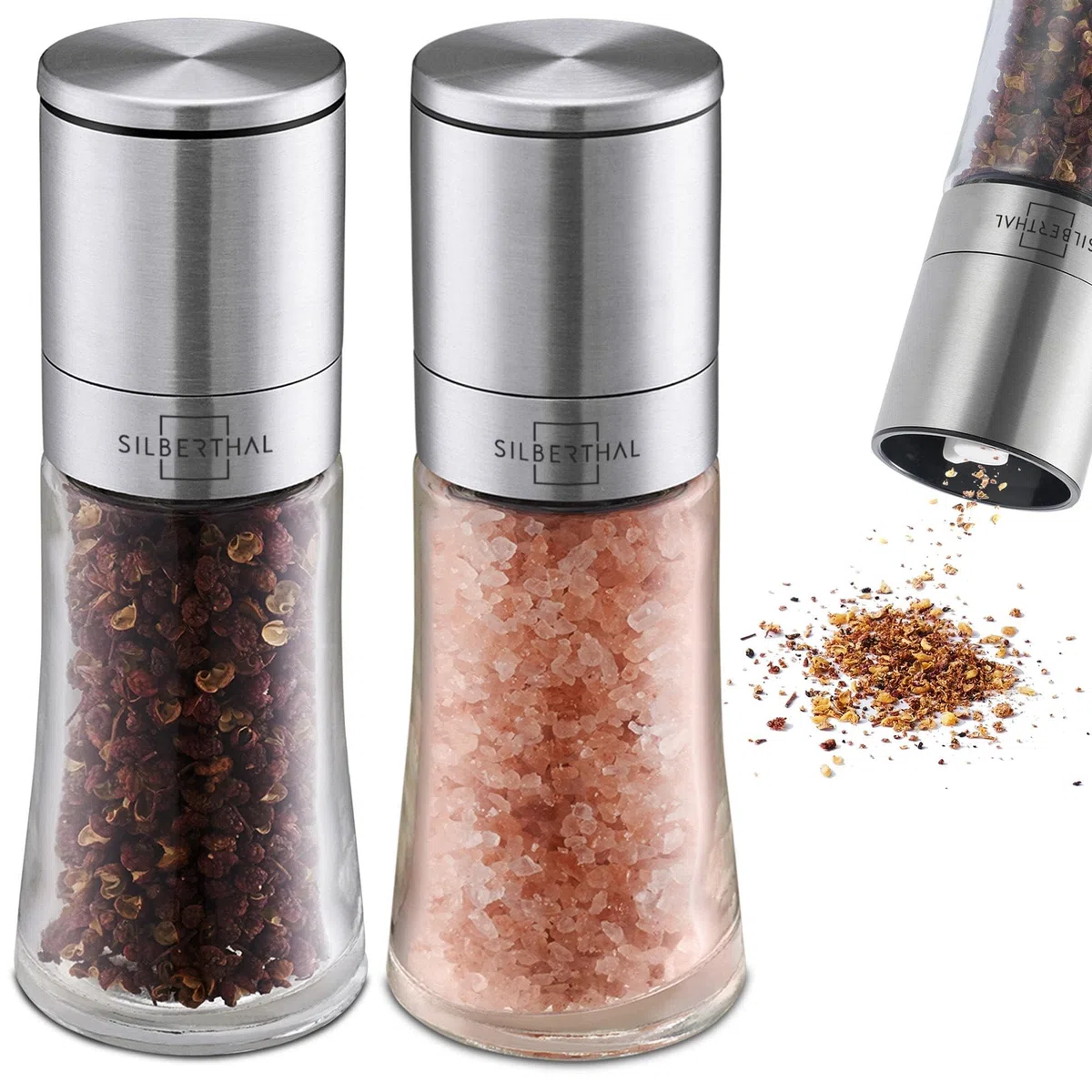 SILBERTHAL Macina sale e pepe - Set sale e pepe manuale - Acciaio inox e vetro - Macinatore conico in ceramica