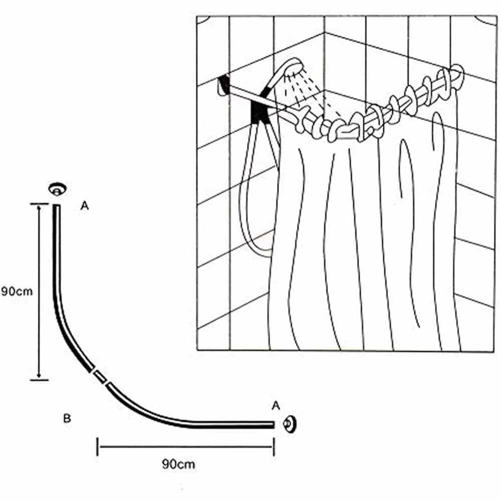 Asta per Tenda da Doccia a Forma di C, angolare 90x90 cm, Spessore 22mm, in Metallo Verniciato Bianco, Fissaggio a Parete, per Bagno, camerino, spogliatoio