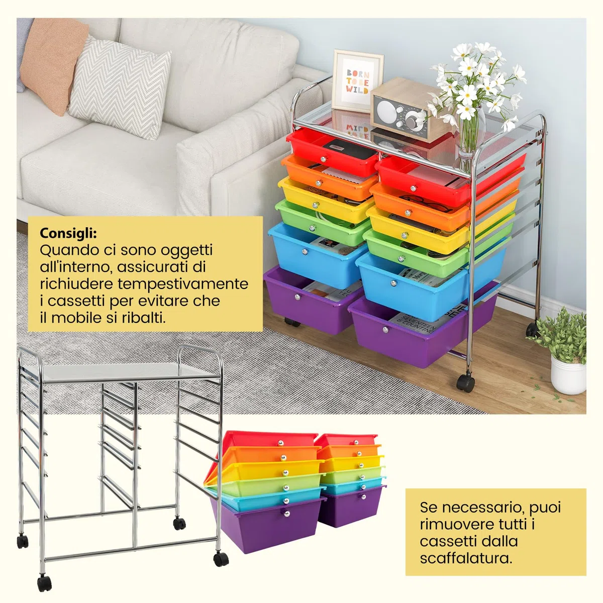 COSTWAY Carrello con 12 Cassetti con Ruote, Carrello di Stoccaggio Multiuso con Ampio Spazio di Archiviazione, Ideale per Casa Ufficio Domestico, 73,5 x 37 x 63 cm (Colorato)