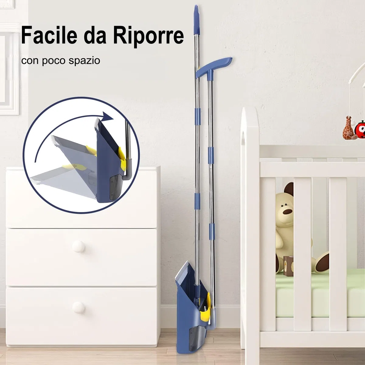 MASTERTOP Set Scopa e Paletta Salvaspazio, Paletta Verticale con Scopa Inox a Manico Lungo, Spazzola Interni e Paletta con Denti a Pettine per Pulizia di Casa, Cucina, Ufficio (Blu Scuro)