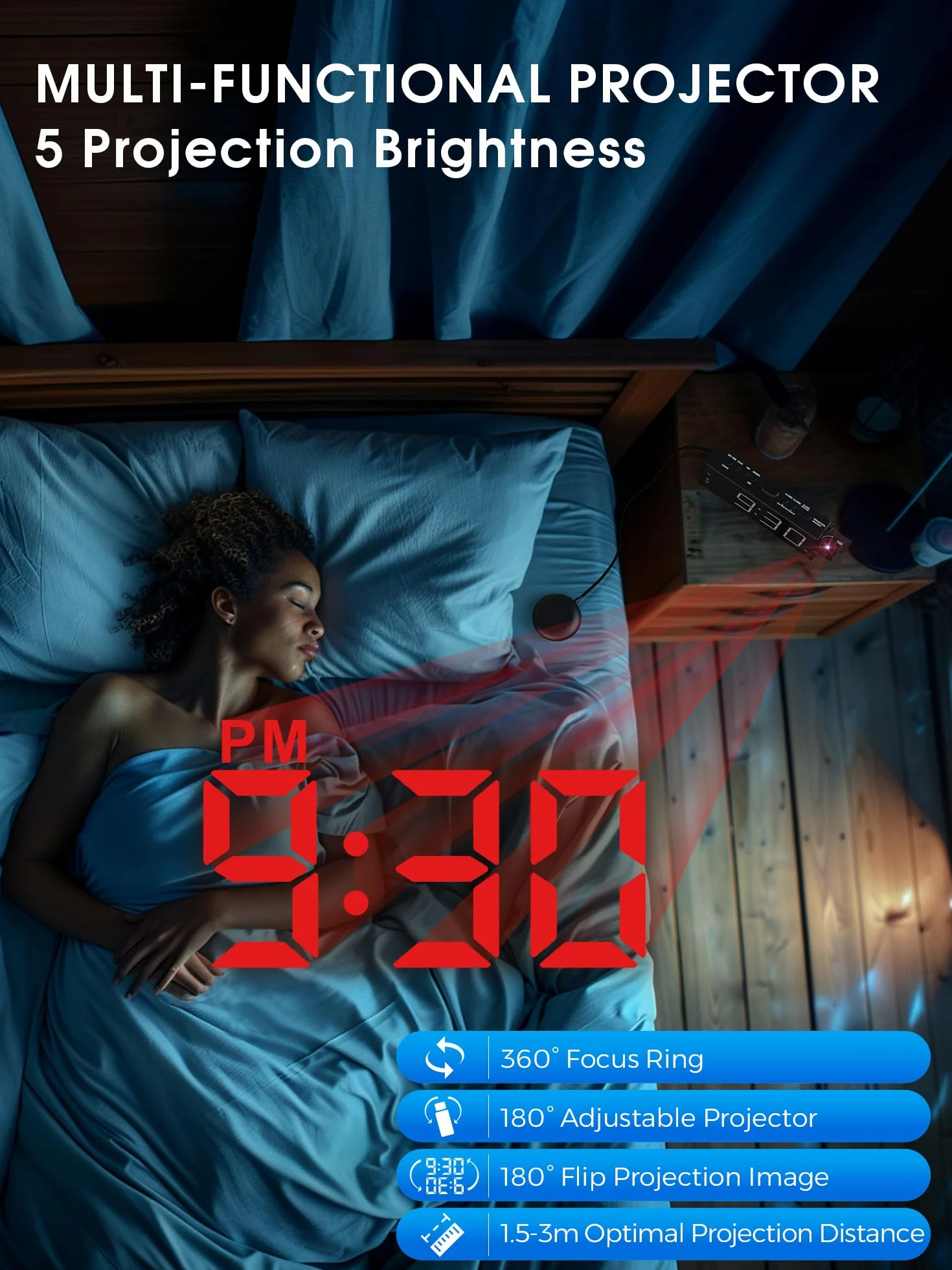 Sveglia A Vibrazione Digitale Con Vibratore per Sordi, Proiezione per Camera da Letto, Doppie Sveglie, Luminosità Regolabile, Volume, Porta USB, Bianco
