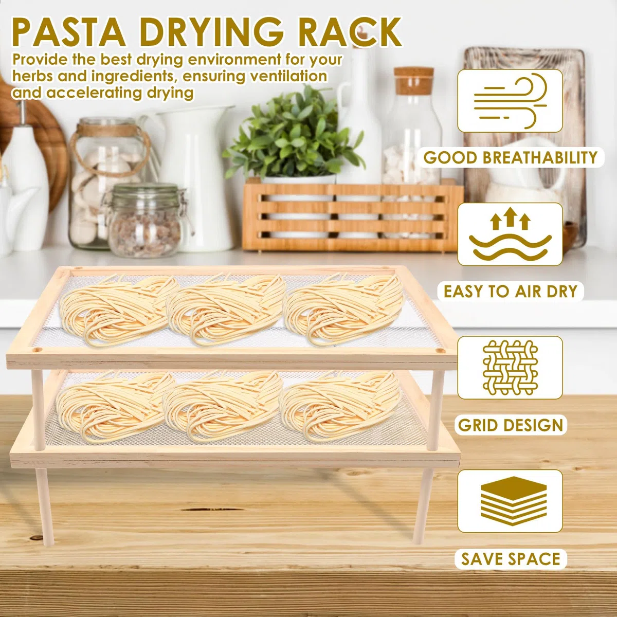 Asciugatrice per pasta, Scaffale per asciugatura pasta impilabile, Rete di asciugatura piatta in legno, Essiccatore per erbe traspirante, Supporto per pasta pratico, Asciugatrice per pasta salvaspazio