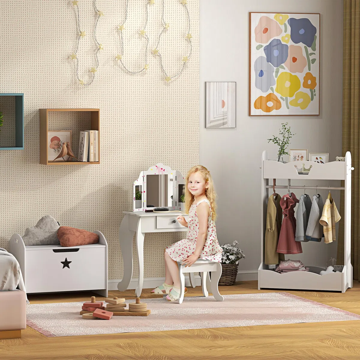 HOMCOM Tavolo da Trucco per Bambini con Sgabello 2 in 1 Scriniva in Legno e Triplo Specchio, Toeletta Trucco in MDF e Acrilico, 63x40x85.5 cm, Bianco e Rosa