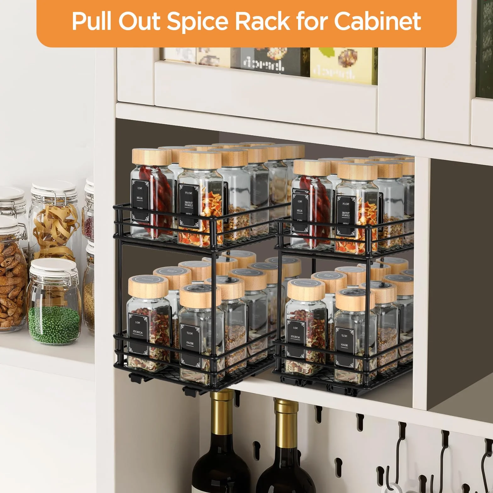 VINATO Portaspezie Scorrevole a 2 Livelli – Organizzatore Cucina Salvaspazio con Guide, Portaoggetti per Dispensa (26x15x21,8 cm)