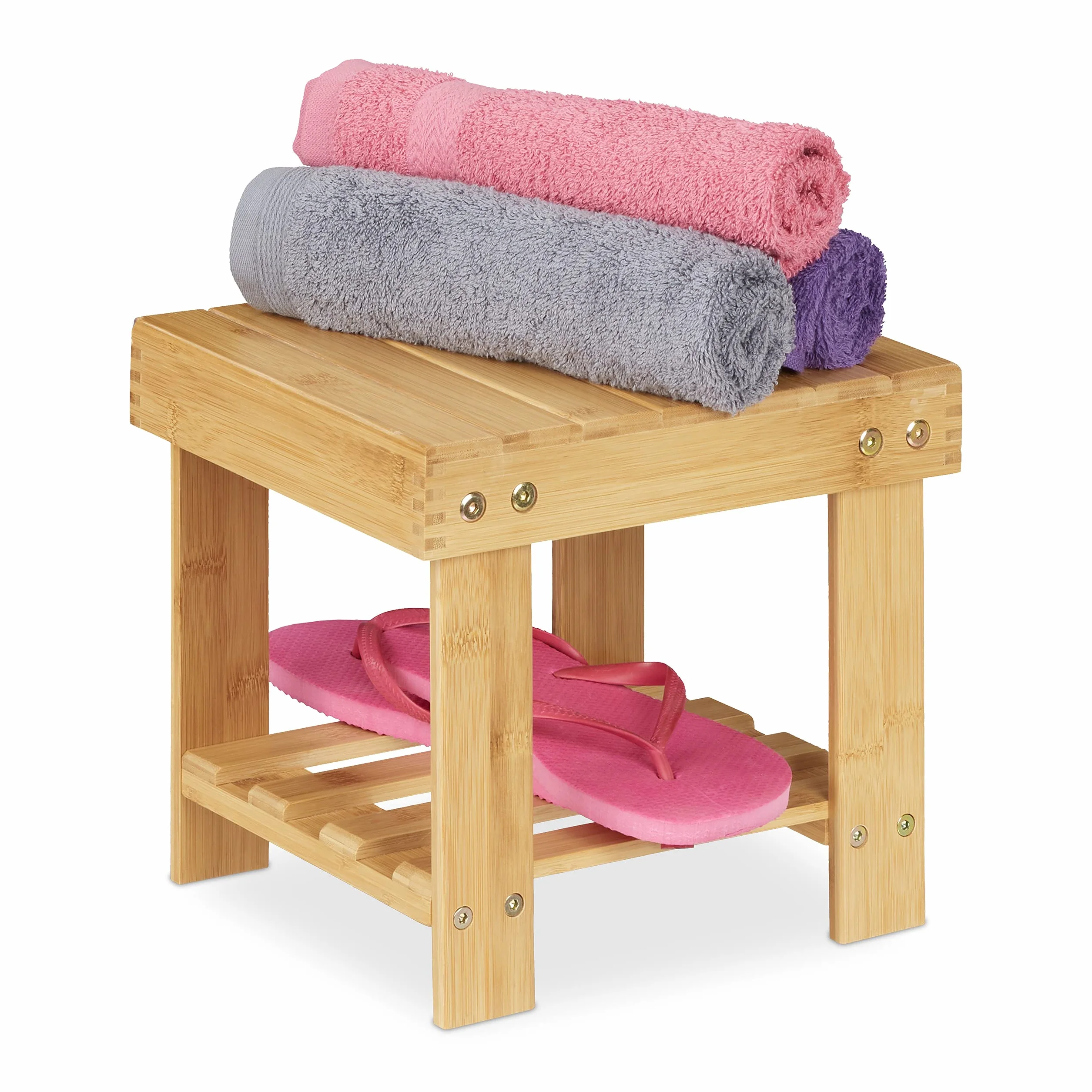 Relaxdays Sgabello Poggiapiedi in Bambù, fino a 100 kg, Appoggia Piedi Resistente Sgabellino 24,5 x 25 x 27 cm, Naturale