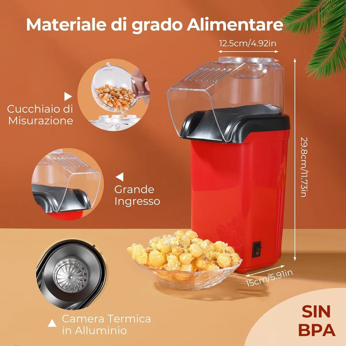 YASHE Macchina Popcorn, 1200W Macchina Pop Corn ad Aria Calda, Macchina per Popcorn in 2 Minuti, Sano e senza olio per le serate di cinema, Rosso