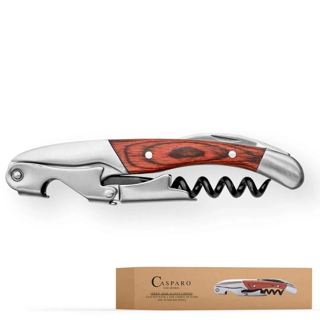 Plantvibes ® Cavatappi Professionale & Apribottiglie, Cavatappi da Sommelier, Accessorio Vino Elegante, Cavatappi con Doppia Leva e Taglierino (Legno Rosso)