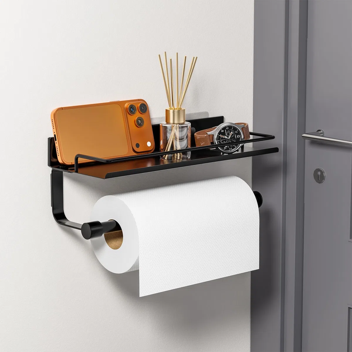 Porta Rotolo Da Cucina, Autoadesivo Portarotolo Da Parete Senza Forature, Portasciugamani Con Ripiano Portaoggetti per Cucina E Bagno