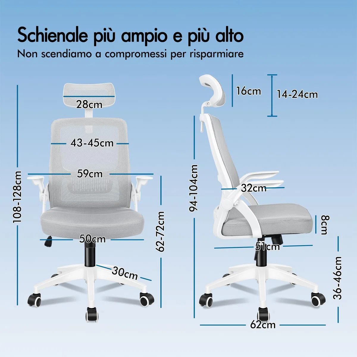 ALFORDSON Sedia da Ufficio Scrivania Ergonomica, Con Braccioli Pieghevoli, Sedile Imbottito e Schienale in Rete Traspirante, Girevole con Ruote, Funzione Oscillante, Portata 180 kg(Bianca e grigia)
