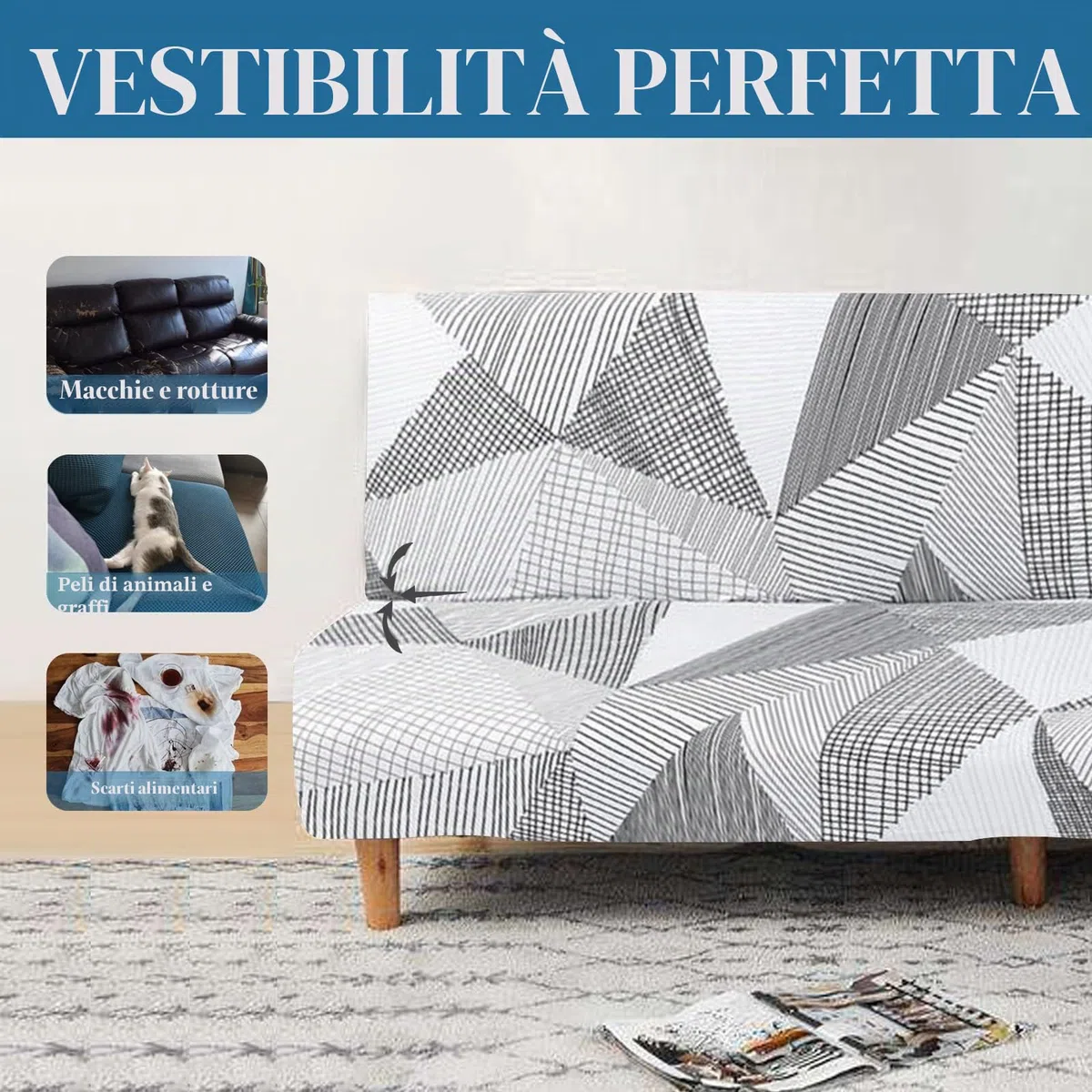 Jaotto Copridivano Clic Clac estensibile a 3 posti, fodera per divano senza braccio, elastica, in spandex, protezione per divano letto universale,Linea Bianca