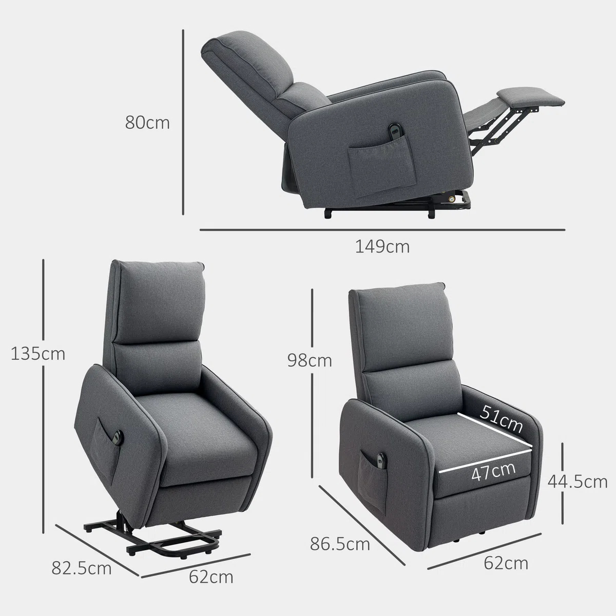 HOMCOM Poltrona Elettrica Alzapersona Reclinabile 135°, Poltrona Relax Elettrica in Tessuto Effetto Lino con Telecomando, Poggiapiedi e Tasca Laterale per Soggiorno e Camera da Letto, Grigio Carbone