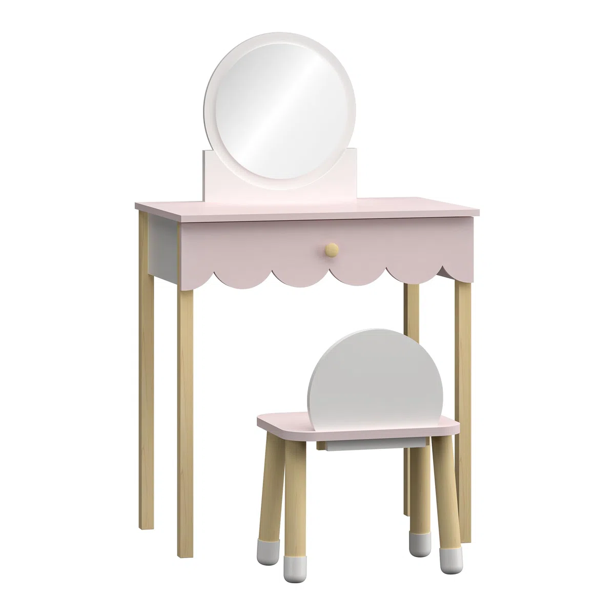 [en.casa] Set di Tavolo da Trucco per Cameretta con Specchio Rotondo e Sedia Tavolino da Toeletta Scrivania con Cassetto e Sgabello per Bambini - Rosa/Bianco