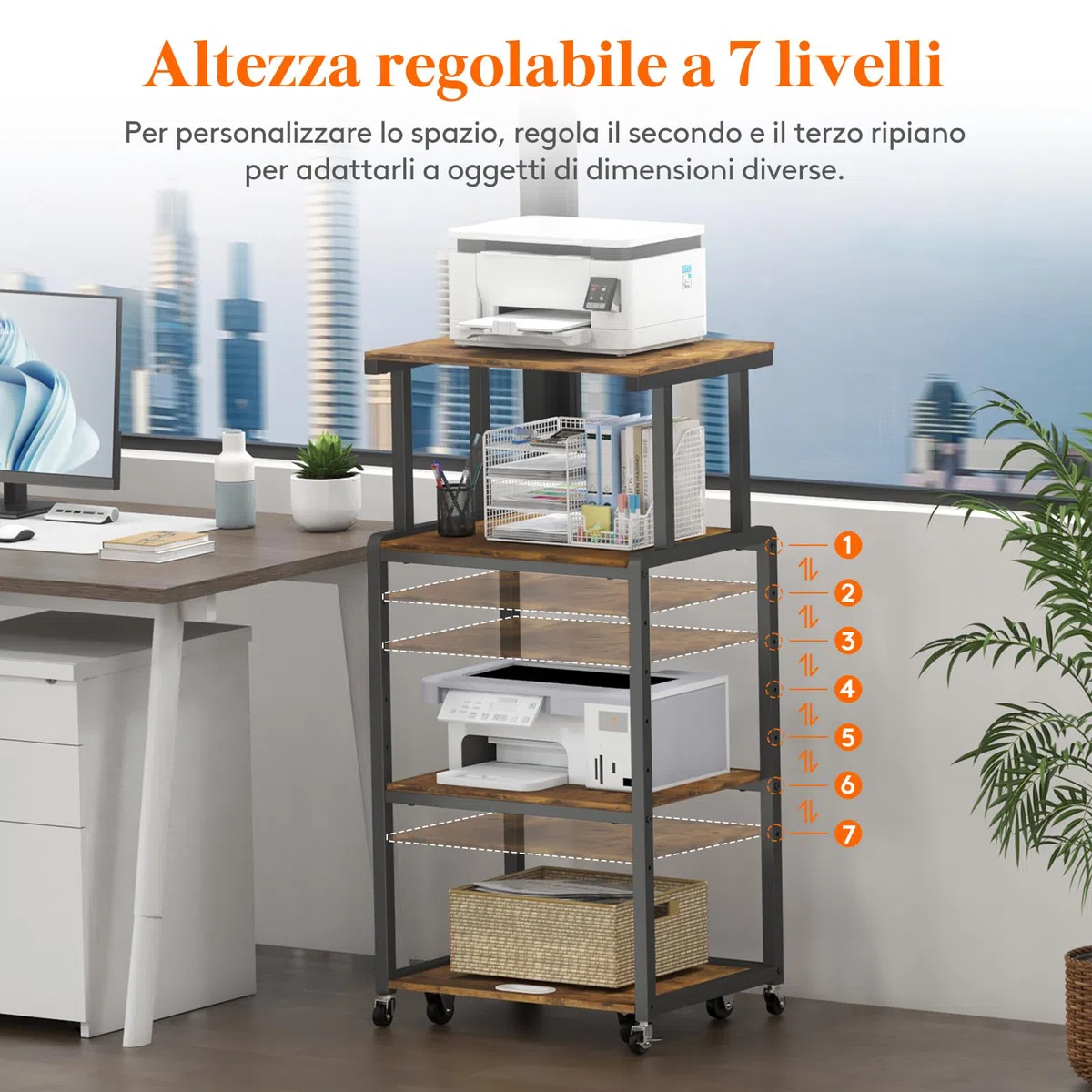 Lifewit Carrello per Stampante 4 Livelli con Ruote e Ripiano Regolabile, Supporto per Stampante per Ufficio Domestico, Carrello per Distruggi Documenti, Scanner, Marrone Rustico, 53x40x112cm