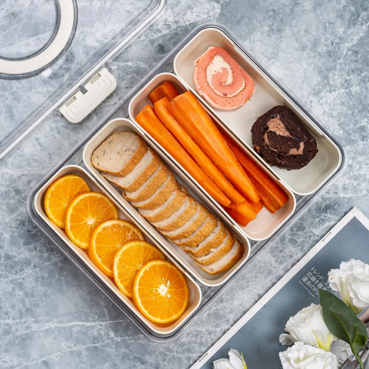 Bandesun Vassoio da portata diviso con coperchio e manico, contenitore per snack e salumi, contenitore portatile per snack, organizer trasparente per caramelle, frutta, noci, snack, 4 griglie