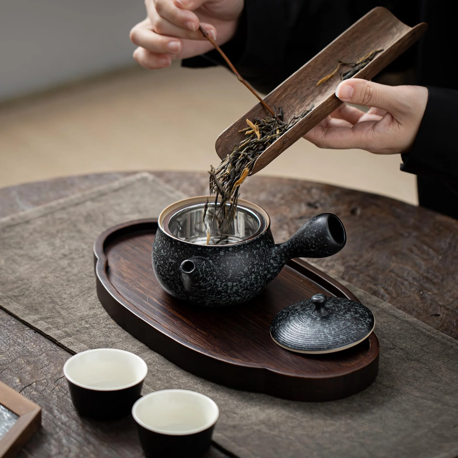 TEANAGOO Japan Kyusu (241 g) - Teiera in Ceramica Con Infusore e Manico Laterale per Tè Sfuso - Set per Tea Party in Argilla, VP1, Nero