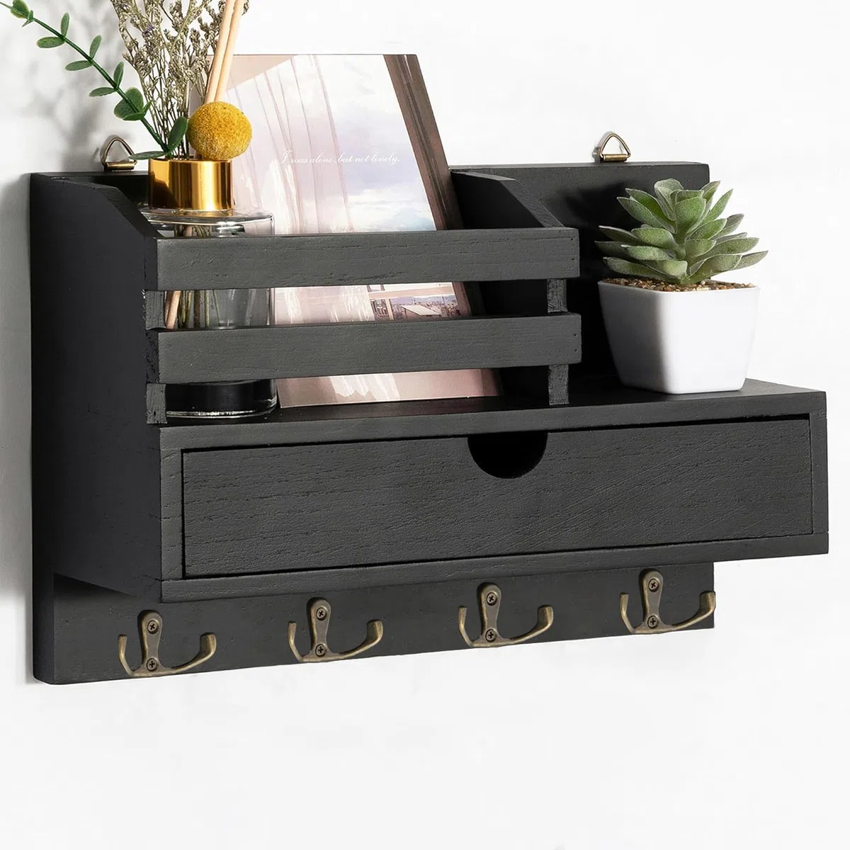 Portachiavi da Parete con Cassetto Portaoggetti, Portachiavi in Legno con 4 Doppio Ganci, Mensola da Parete per Portachiavi, Appendi Chiavi a Muro per Casa, Ingresso, Ufficio - Nero