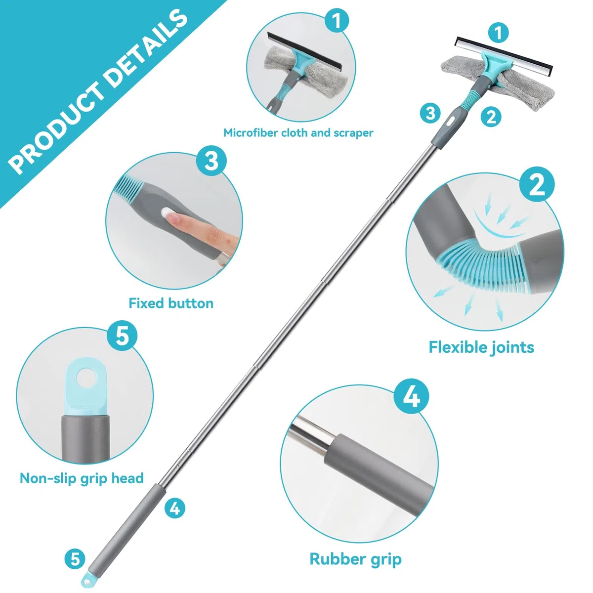 Cozary Lavavetri con Manico Telescopico(170cm), 2 in 1 con Tergivetro in Silicone e Lavavetri in Microfibra, Strumenti per la Pulizia dei Vetri per Bagno, Doccia, Auto, Vetro, Finestre