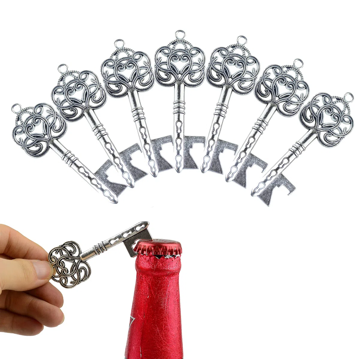 Makhry 50 pz Vintage Chiave Apribottiglie Matrimonio Chiave Apribottiglie Matrimonio Bomboniere Souvenirs Set con Etichetta di Ringraziamento e Nastro Francese(Argento Antico)