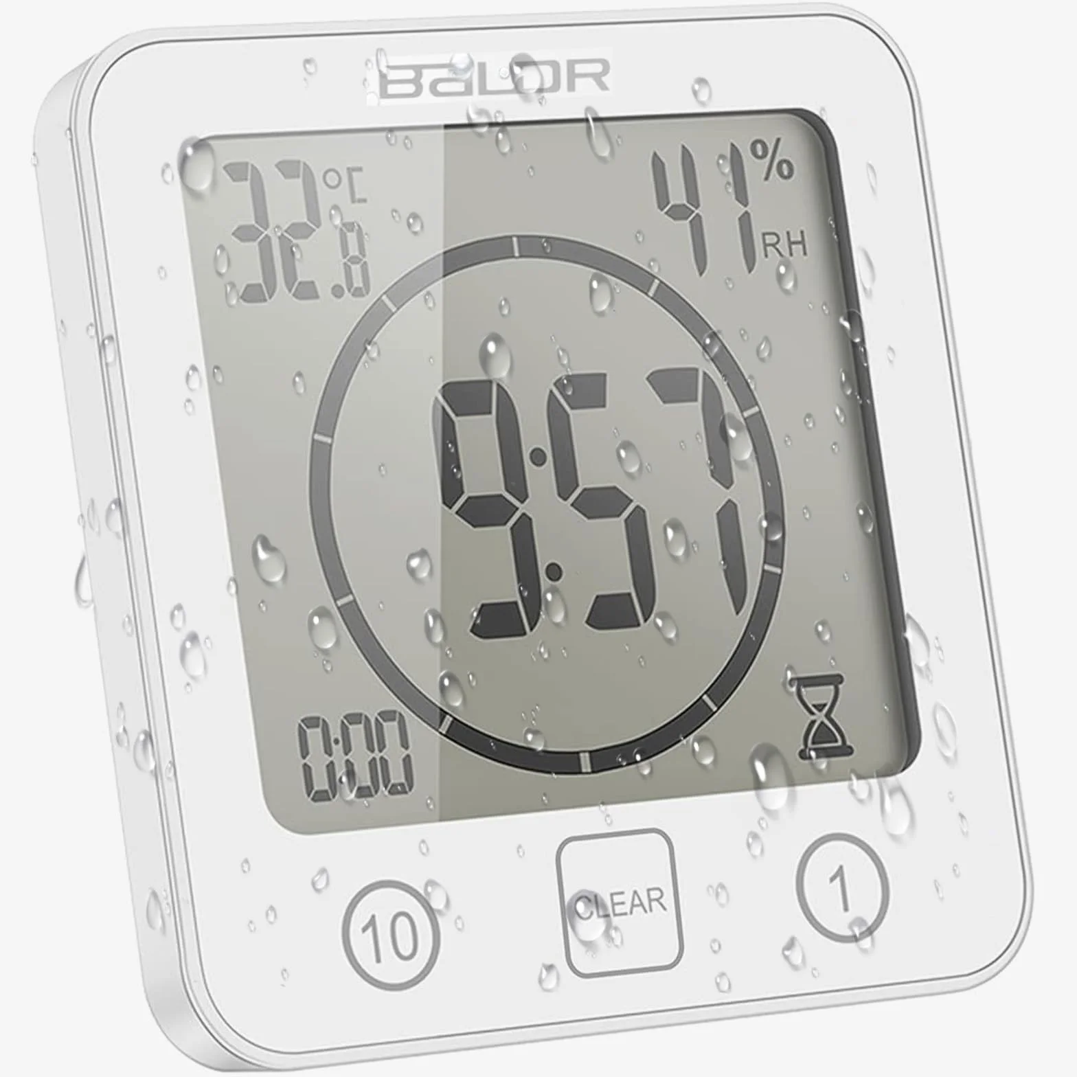 ZONJIE Orologio da bagno – impermeabile per doccia, timer digitale, orologio da bagno con ventosa, indicatore di temperatura e umidità, orologio da parete touch (bianco)