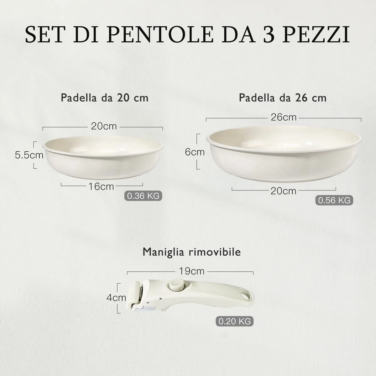 GiPP Set di Pentole e Padelle Ceramiche Antiaderenti 3 Pezzi con Manico Amovibile - Cucina Sana per Camper, Senza Tossine, Compatibile Induzione/Forno/Lavastoviglie