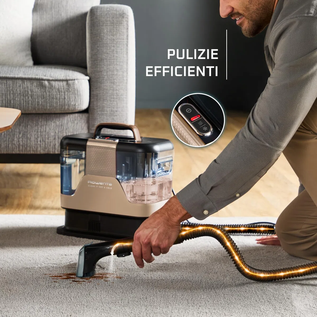 Rowenta Clean It Hot & Cold, Smacchiatore 3 in 1 con Tecnologia PowerHeat, per Pulizia a Caldo e Freddo di Tappeti, Divani e Auto, Colore Copper Tinto, 1150W, IN7021