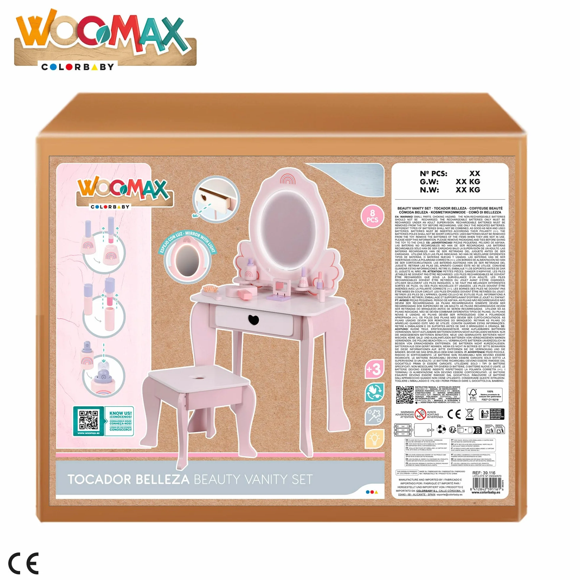WOOMAX Tavolo da toeletta Bambina Sgabello in Legno Specchio con Luce 48x32x92cm Colori Pastello Inclusi Accessori Toletta Bambini Accessori Interattivi, Giocattoli per Bambini di 3 anni